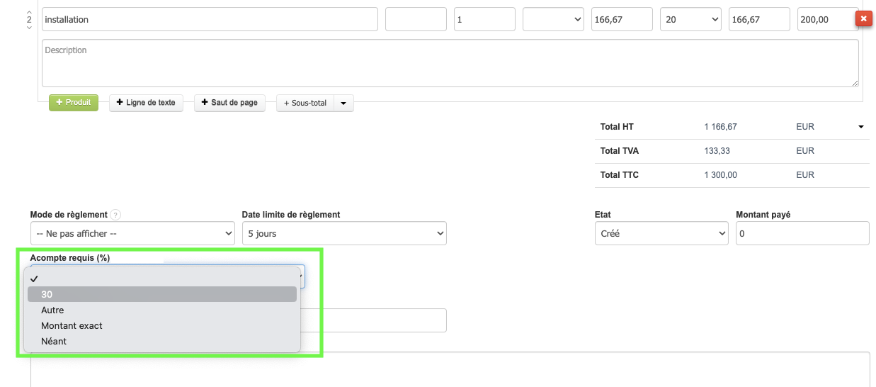 ajouter acompte requis demandé sur devis