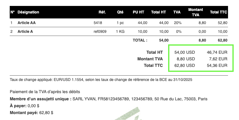 Facture en devise étrangère montants convertis