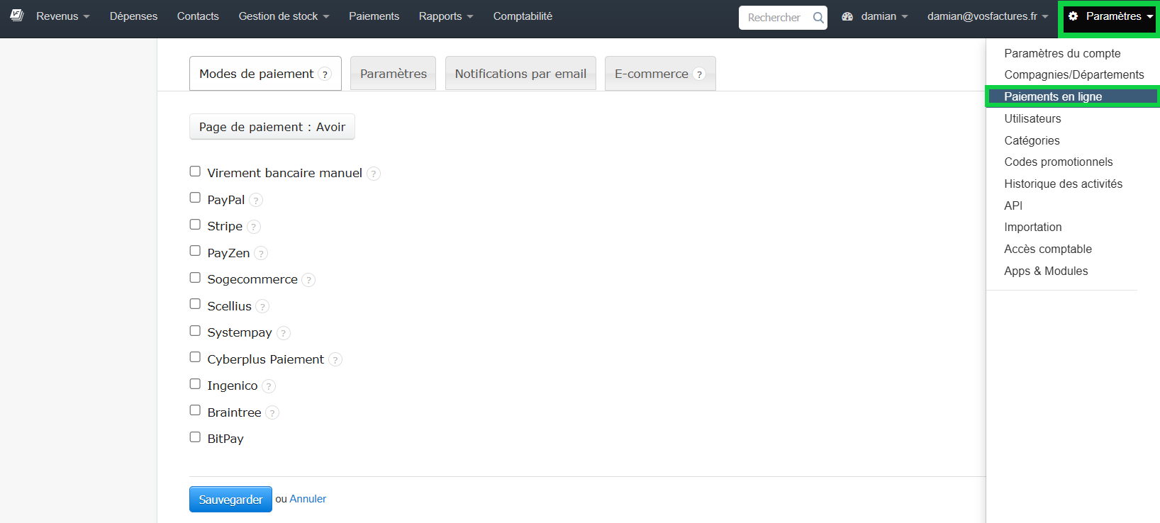Paramétrage de la fonction paiement en ligne 