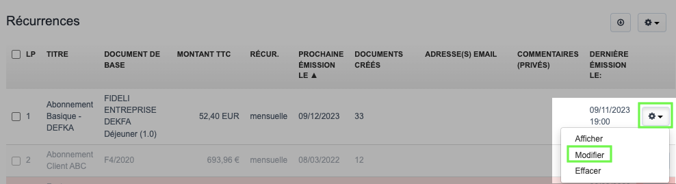Modifier une récurrence de facturation automatique