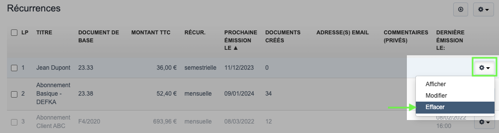Récurrence facture récurrente fin 