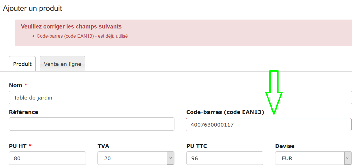 Facturation Insérer Code EAN Fiche Produit Erreur Saisie