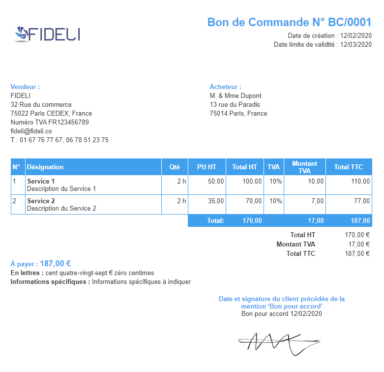 Facturation Bon de Commande Exemple Document non Comptable VosFactures