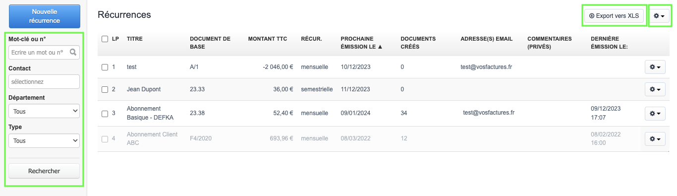 Logiciel de Factures - Facturation Récurrente Liste