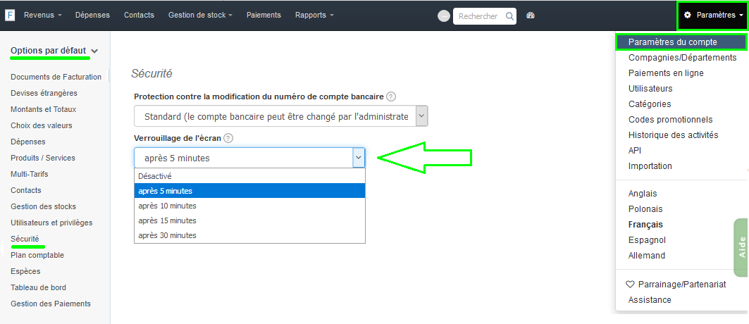 Sécurité Verrouillage Automatique Compte VosFactures Facturation 