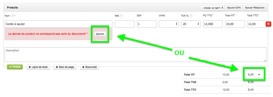 Devise du Produit Service Compte Option VosFactures.fr Facturation 