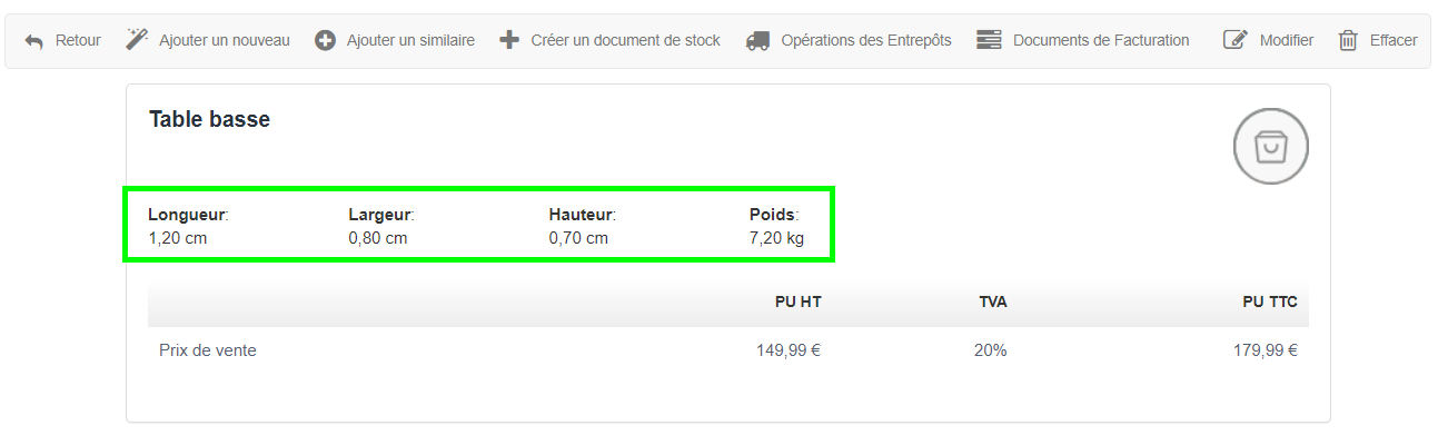 Facturation Aperçu Facture Poids Dimension Produit