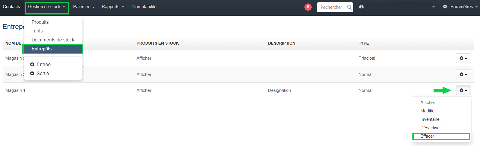 Gestion de stock et entrepôts suppression
