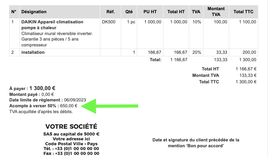 Exemple de devis avec acompte