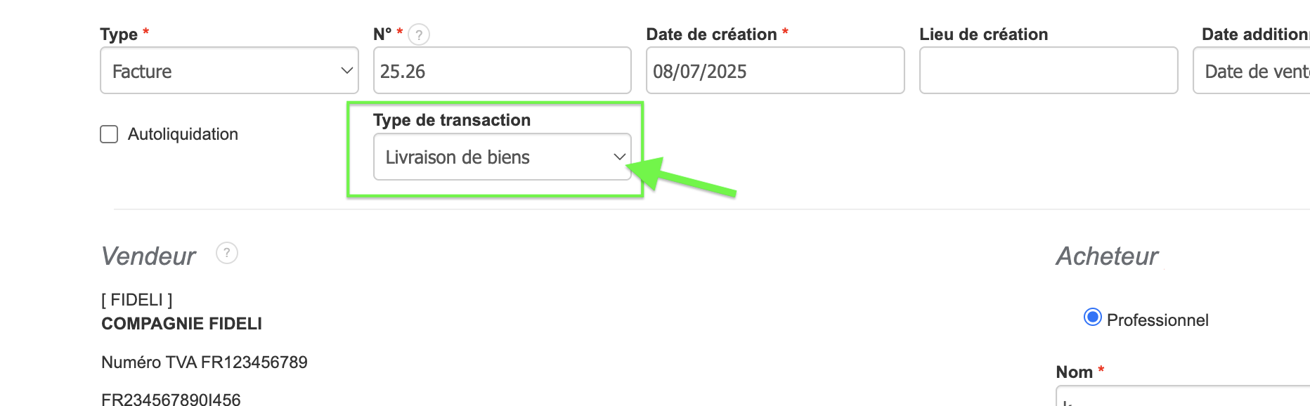 Création de Facture et devis Type de transaction