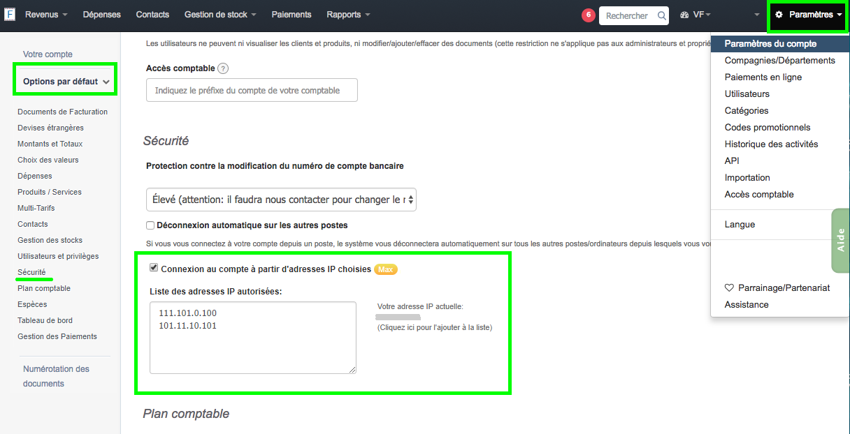 Sécurité IP Choisies Accès Compte Facturation VosFactures