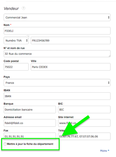 Coordonnées Fiche Département Entreprise Facturation Personnalisation VosFactures
