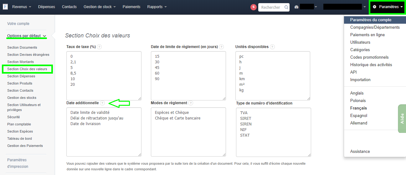 Date Additionnelle Paramètre du Compte Fonctionnalité VosFactures.fr