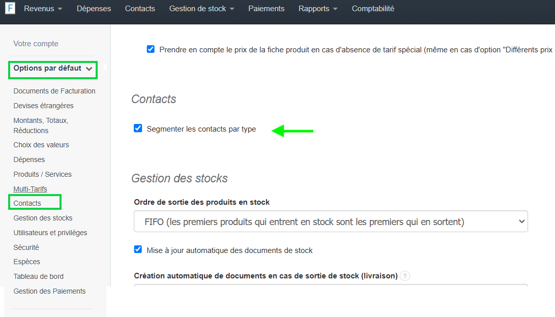 Activation de l'option de segmentation des contacts dans les paramètres du compte du logiciel VosFactures