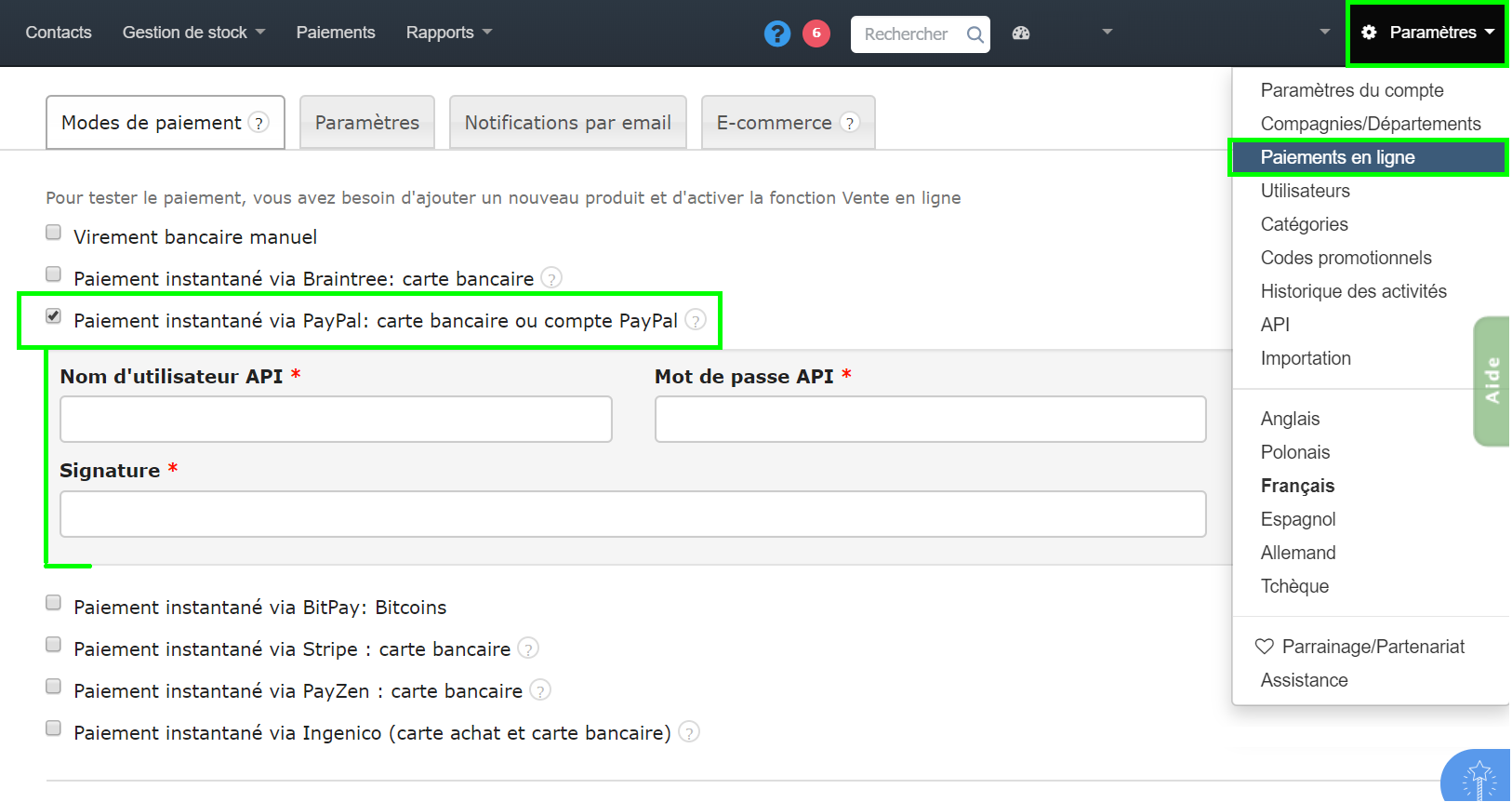 Facturation Paiement en Ligne PayPal Règlement Facture Acompte Devis