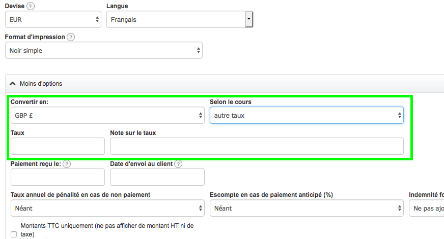 Conversion Automatique Devise Compte VosFactures.fr Facturation