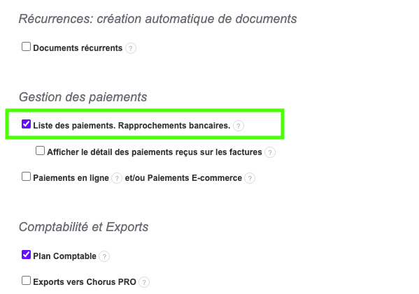 Gestion Des Paiements Factures Activation Option Paramètres