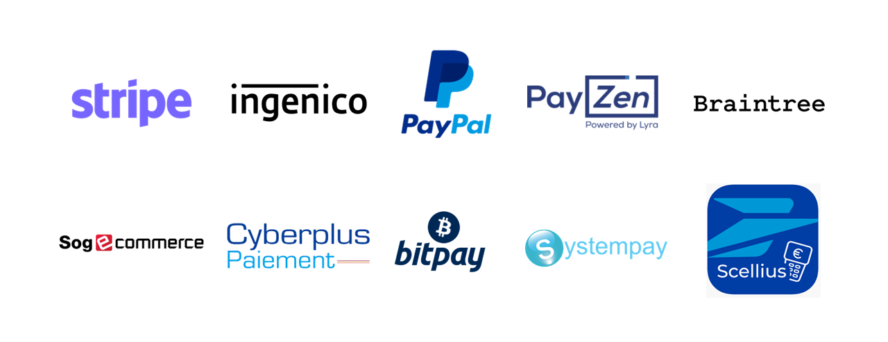 Logos des plateformes de paiement en ligne :  Stripe, Ingenico ePayments, PayZen, PayPal, Braintree, Sogecommerce, Systempay et Cyberplus Paiement