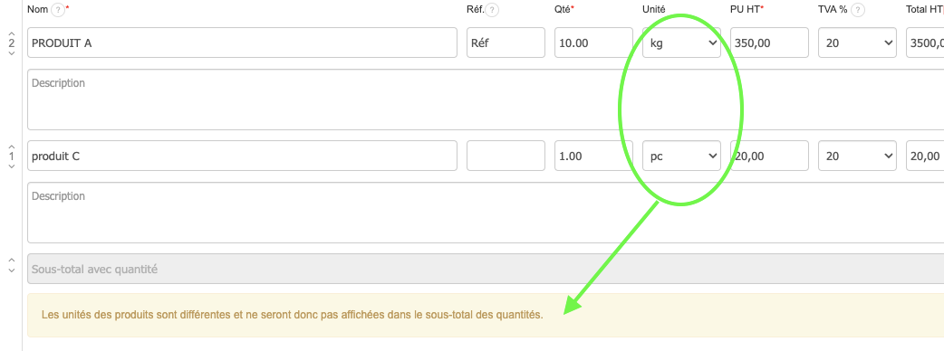Sous-total notification unités