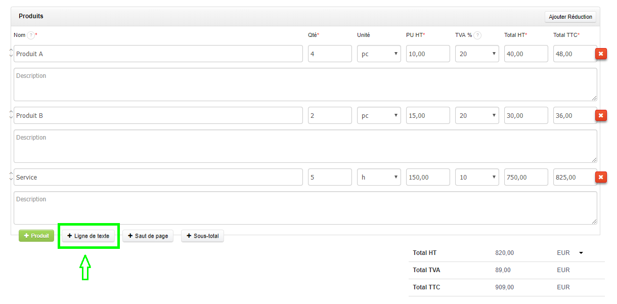Insérer des Lignes de Texte dans le Tableau des Documents Facture aéré Mention Facturation VosFactures