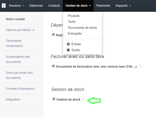 Facturation Activation Gestion Stock Paramètres