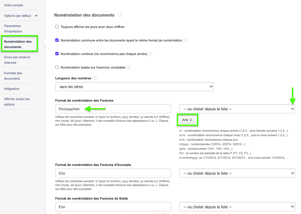 Numérotation des Documents Paramètres Facturation Loi Facture VosFactures Numérotation Suivie