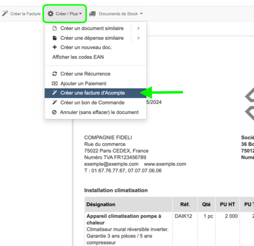 Créer Acompte depuis Devis VosFactures Facture d'Acompte Facturation 