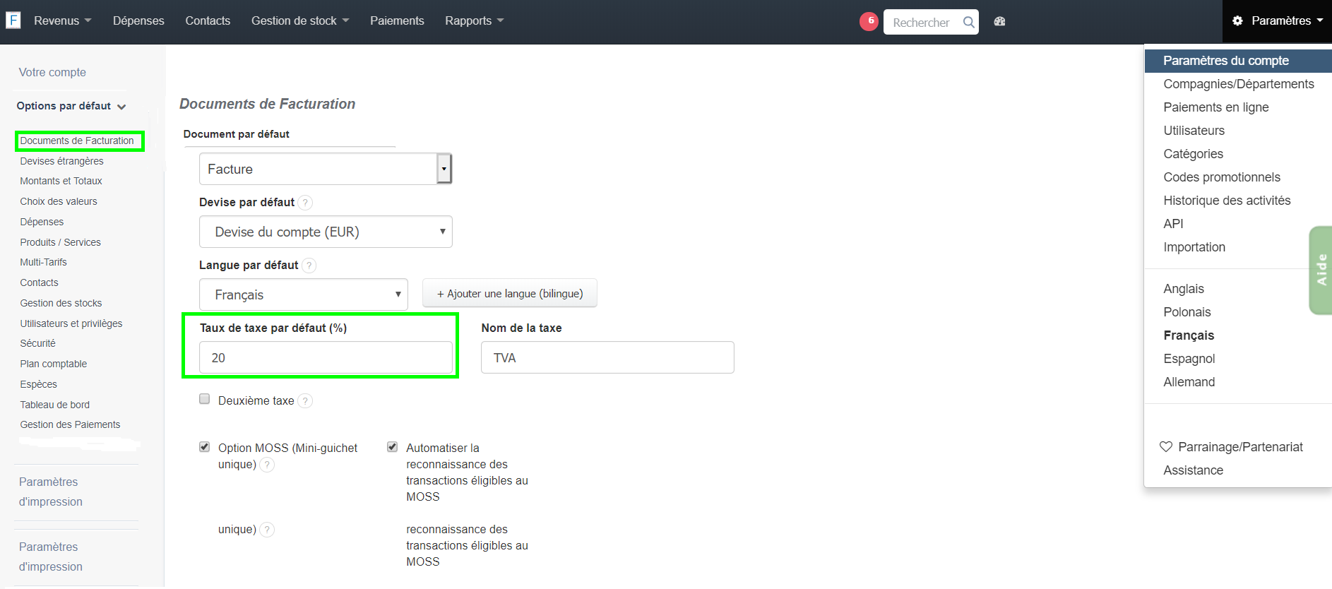 Taxe par Default Personnalisation Document Facturation VosFactures