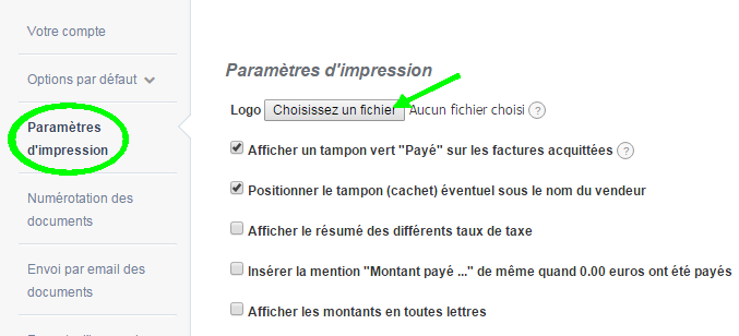 Ajout Logo Paramètres Comptes VosFactures Personnalisation Facturation 