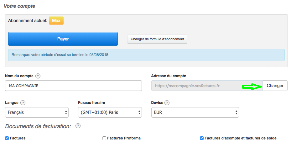 Changer Adresse URL du Compte Personnalisation URL Facturation Personnalisé