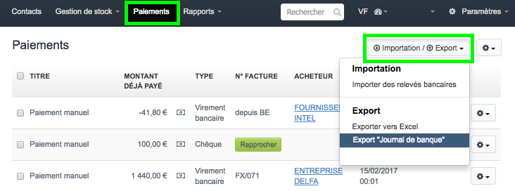 Factures Exporter Paiement Journal De Banque