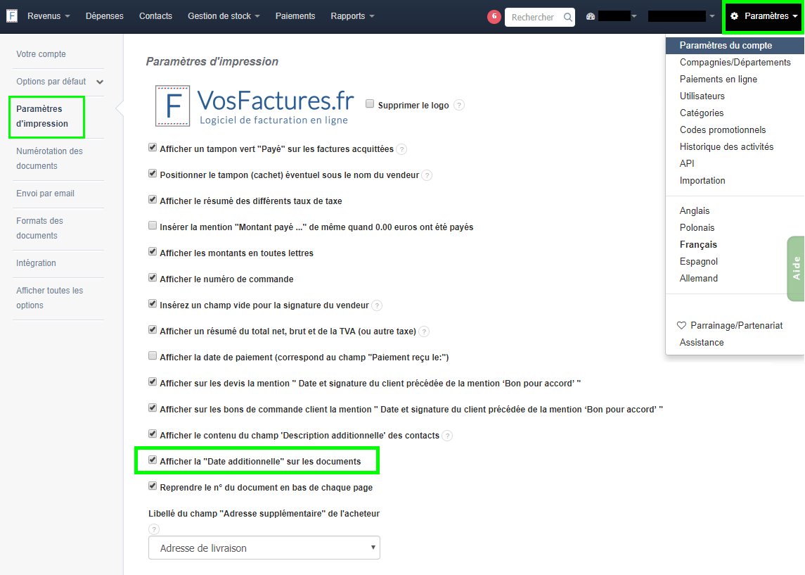 Date Additionnelle Paramètre du Compte Fonctionnalité VosFactures.fr