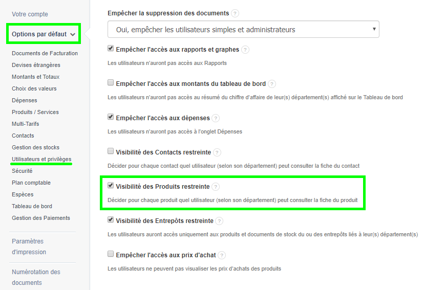 Facturation Accès Utilisateur Restriction Produit Article Marchandise Commercial