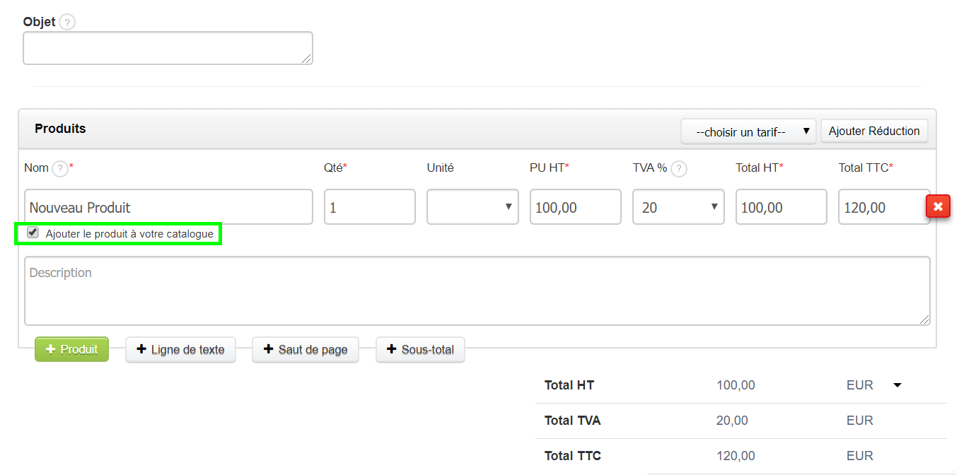 Facturation Produit Ajouter au Catalogue Option Vente