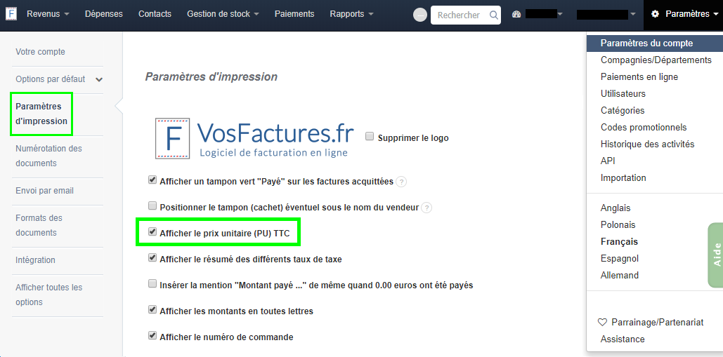 Afficher PU Calcul Prix HT TTC Montants Facturation Facture VosFactures