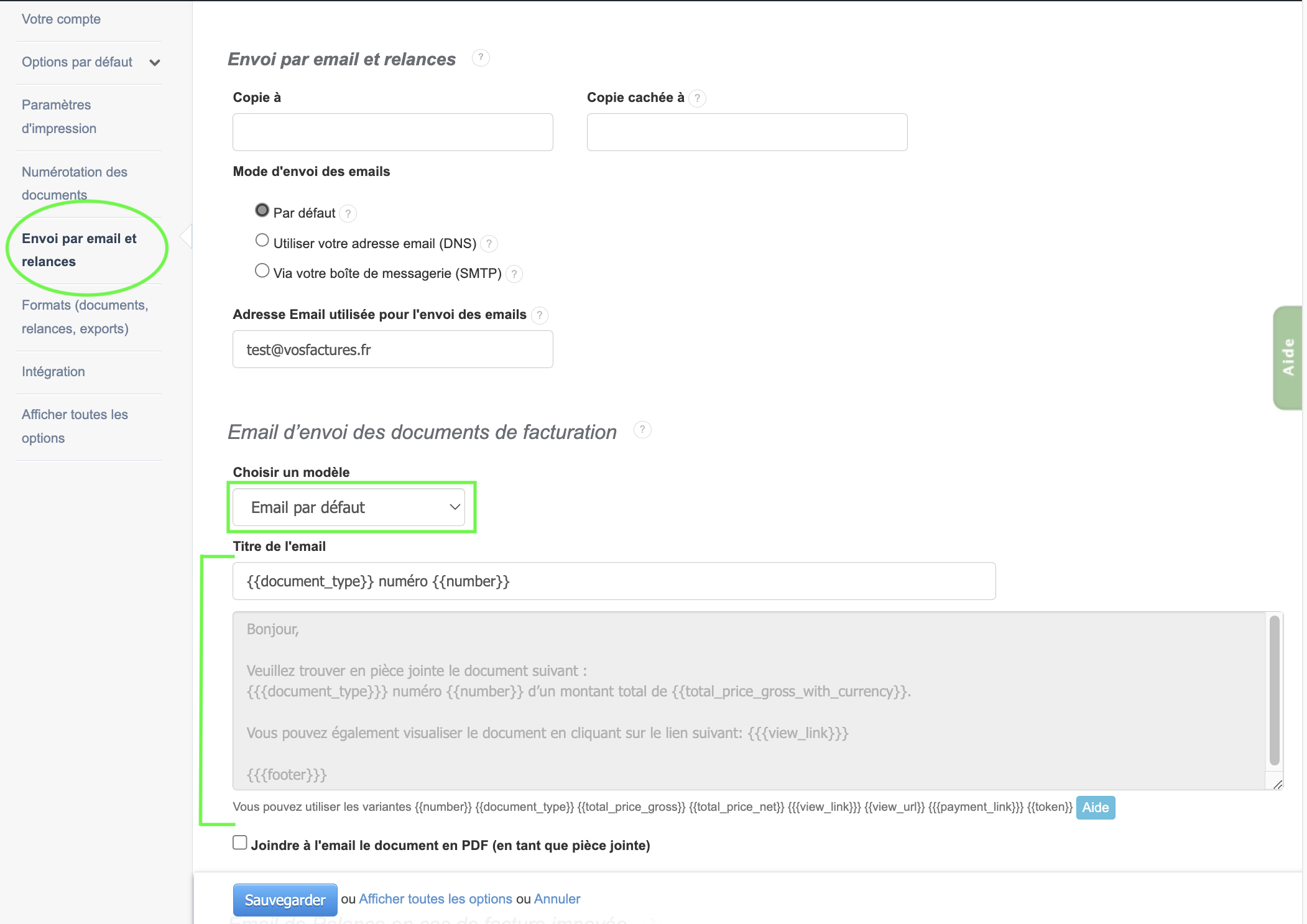 Option Envoi en ligne logiciel de facturation Email