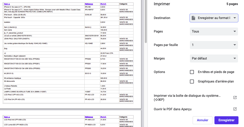 Imprimer Télécharger PDF liste produit page informations