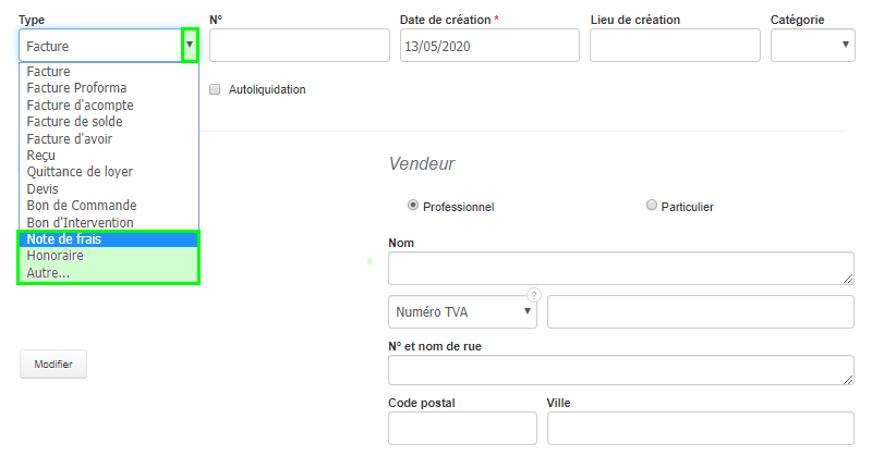 Créer une Dépense Ajouter Achat Frais Document Facturation VosFactures Honoraires