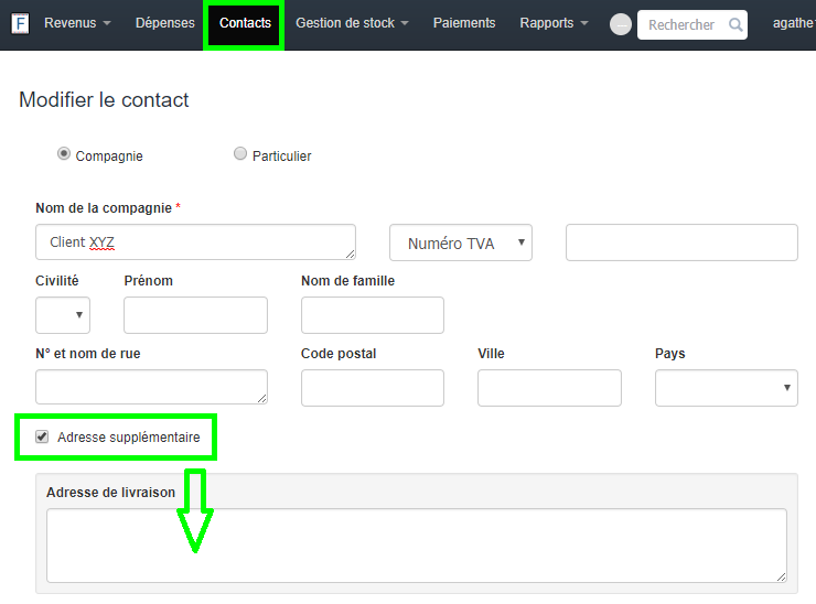 Renseigner Adresse supplémentaire Contact Fonctionnalité VosFactures Création/Modification du Document
