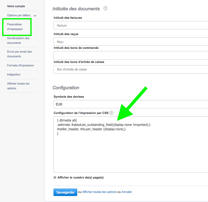 Configuration de l'Impression&nbsp;par CSS Facturation VosFactures.fr