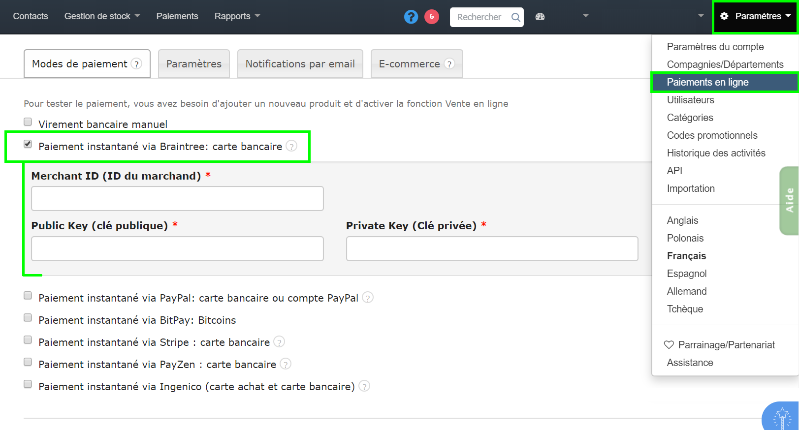 Facturation Paiement en Ligne Braintree Ecommerce Vente Facture