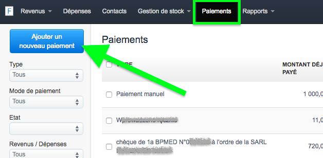 Factures Option Ajouter Un Paiement Depuis Onglet Paiements