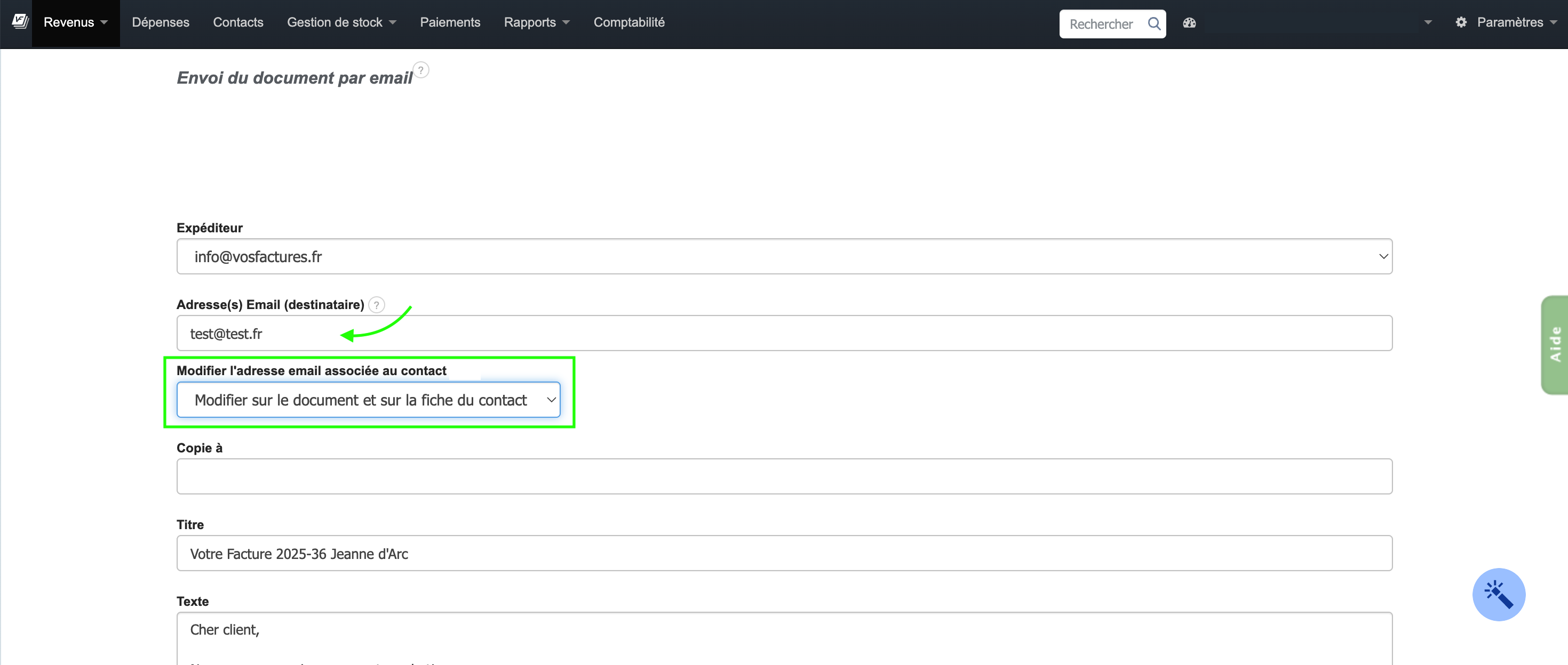 Modifier l'adresse mail lors de l'envoi d'un document