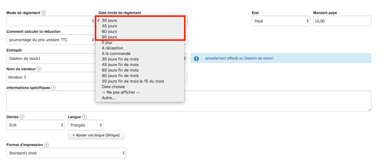 Date Limite de Règlement Facture Option Paramétrage 