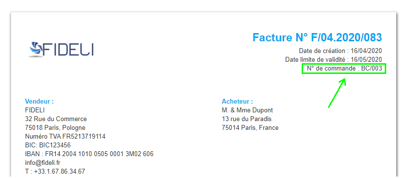 Facturation Bon de Commande Numéro Commande sur Facture VosFactures