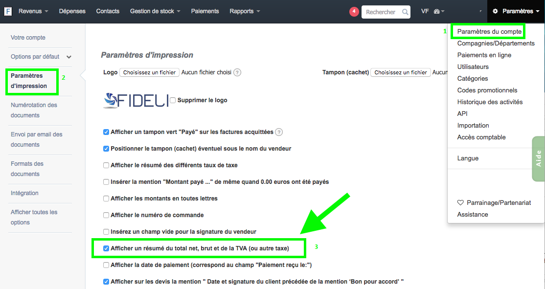 Ajout Résumé des totaux Paramètres Comptes VosFactures Personnalisation Facturation 