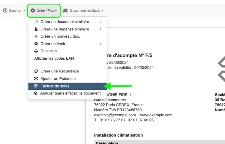 Créer Solde depuis Acompte VosFactures Facture d'Acompte Solde Facturation 