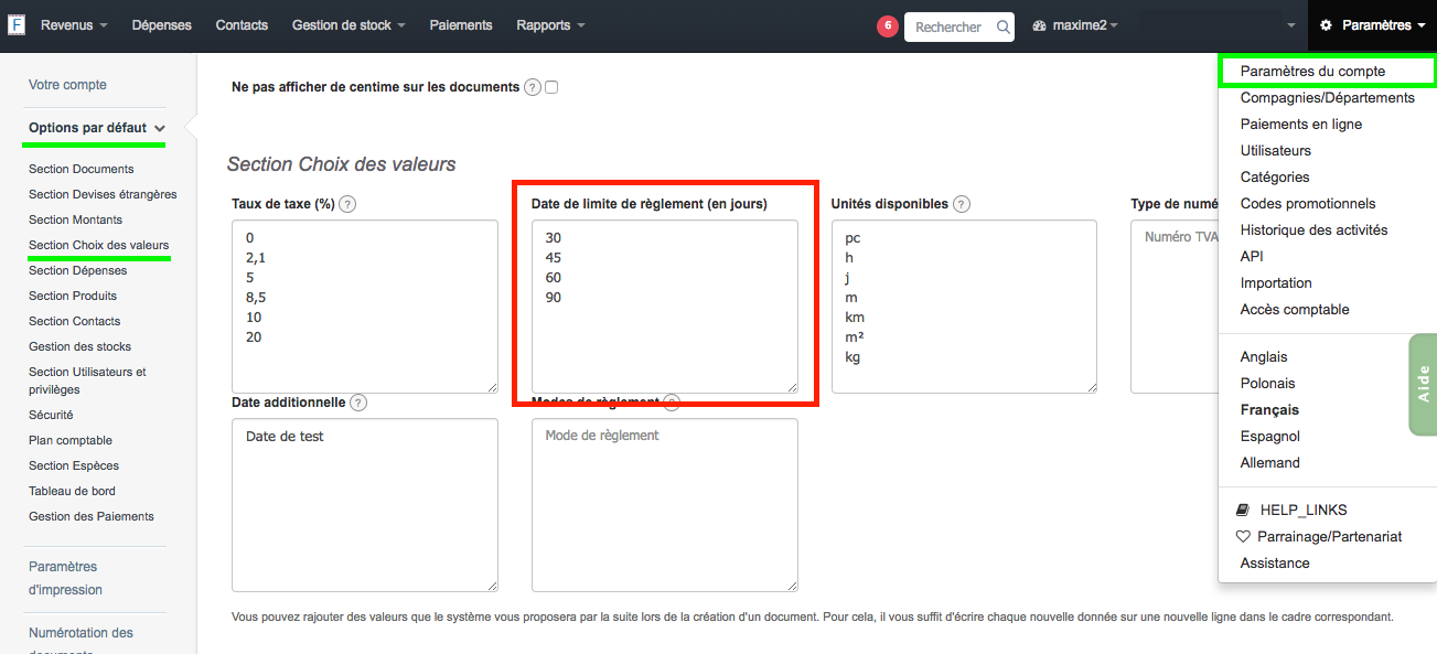 Date Limite de Règlement Factures Paramétrage Option