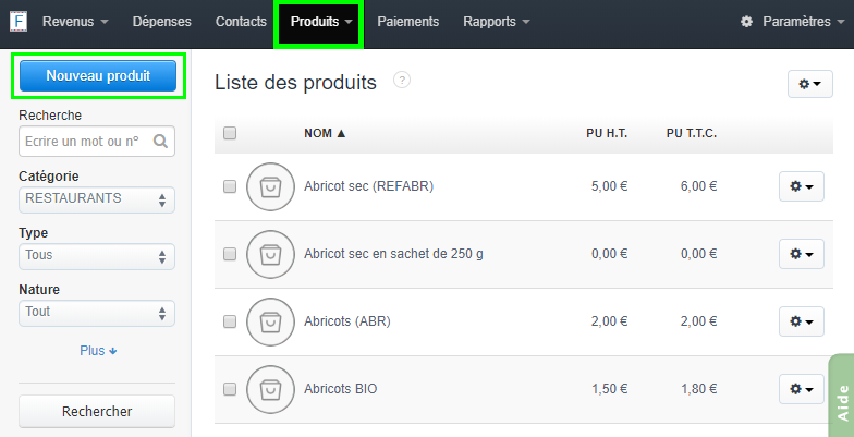 Facturation Ajouter Nouveau Produit Catalogue