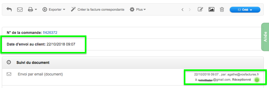Heure et la Date d'Envoi du Document, ainsi que la Personne à l'Origine de l'Envoi VosFactures.fr